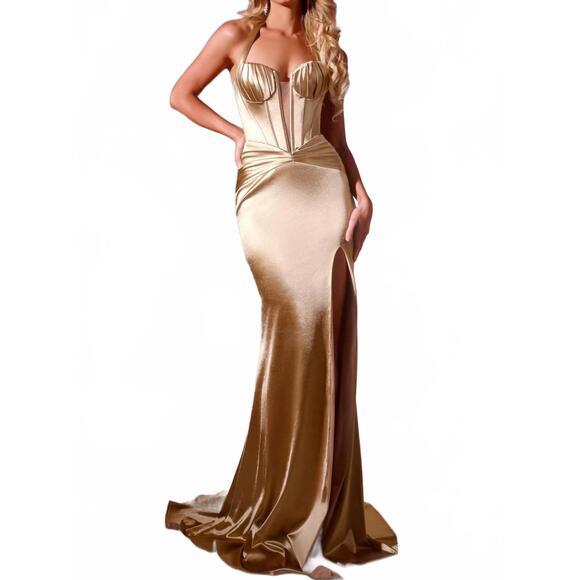 JOVANI Dresses & Skirts - NEW JOVANI strapless fitted satin gown with corset and train in gold